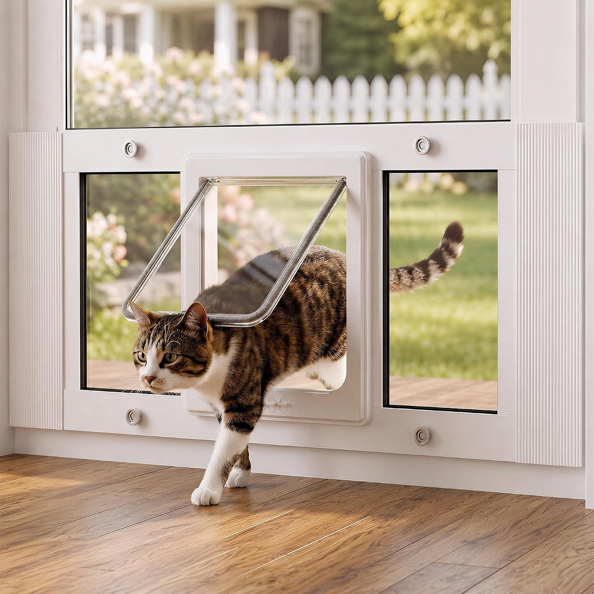 Cat Door for Window, Adjustable 23"-28", 4 Locking Modes + Extra Security Lock for Outside Safety, Window Pet Door with Magnetic Self-Closing, No-Drill Installation, Weatherproof Aluminum Frame Insert