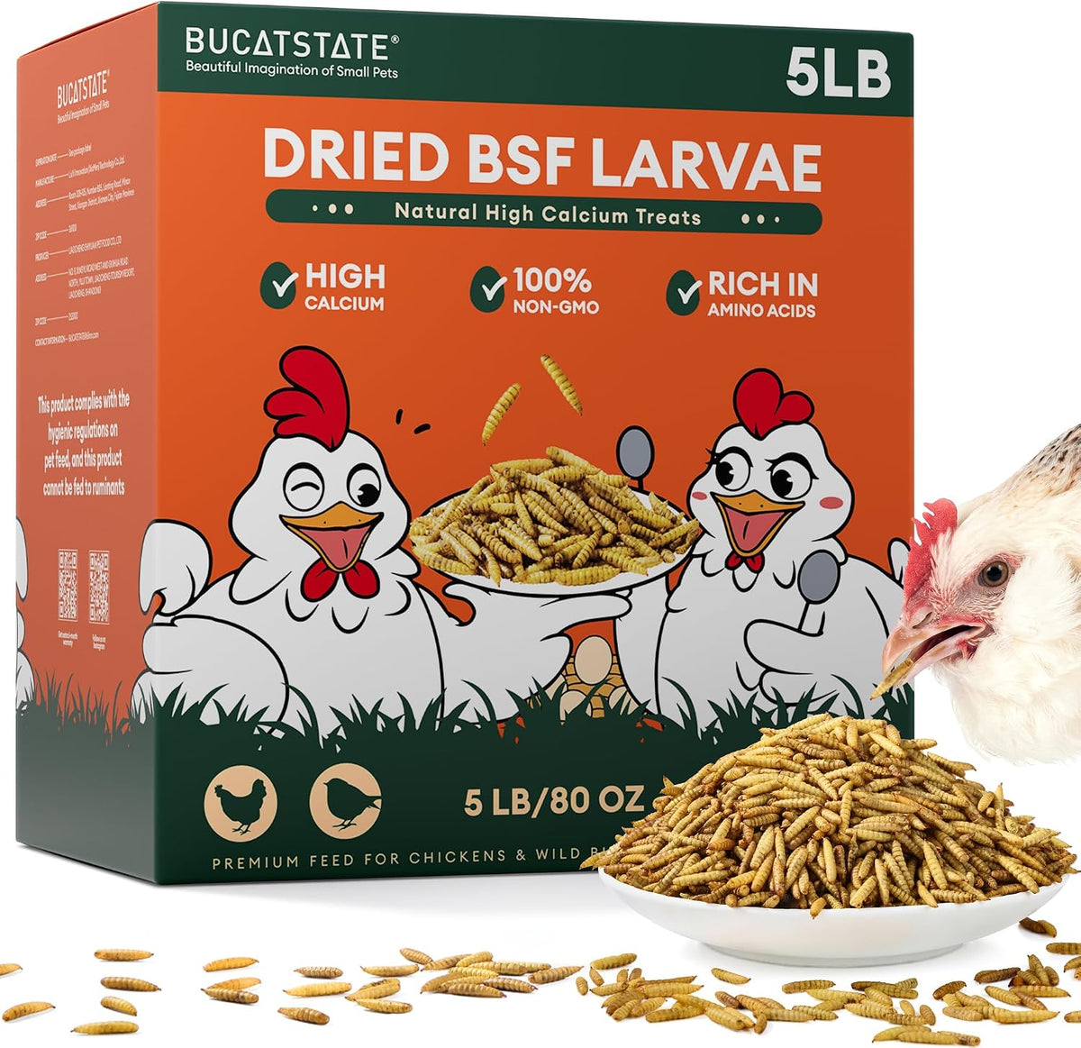 BUCATSTATE Dried Black Soldier Fly Larvae for Chickens and Ducks, 5LB