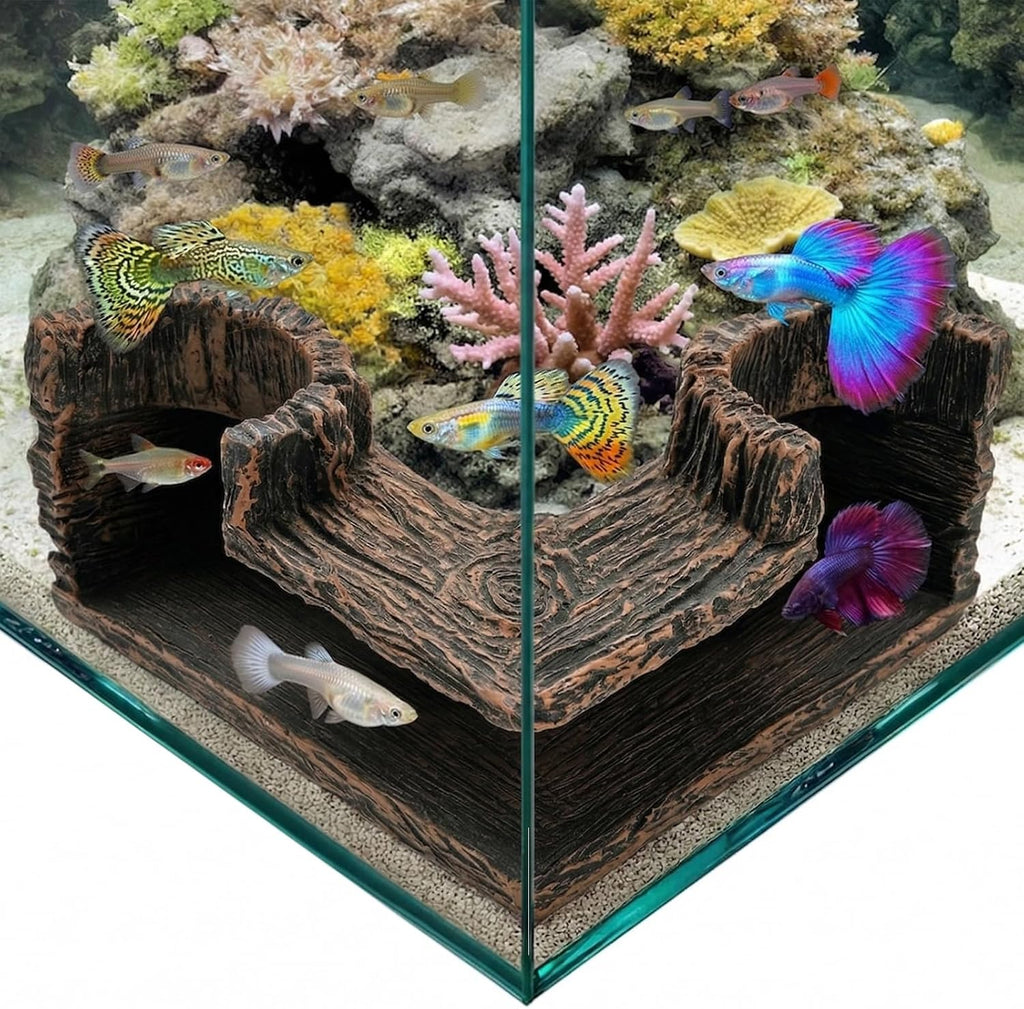 Aquarium Cave, 90° Corner Fish Cave Hideout for Fish Tank, Dual-Hole Viewing Tunnel for Shrimp Betta Corydoras, Safe Resin Fish Tank Decor Accessories