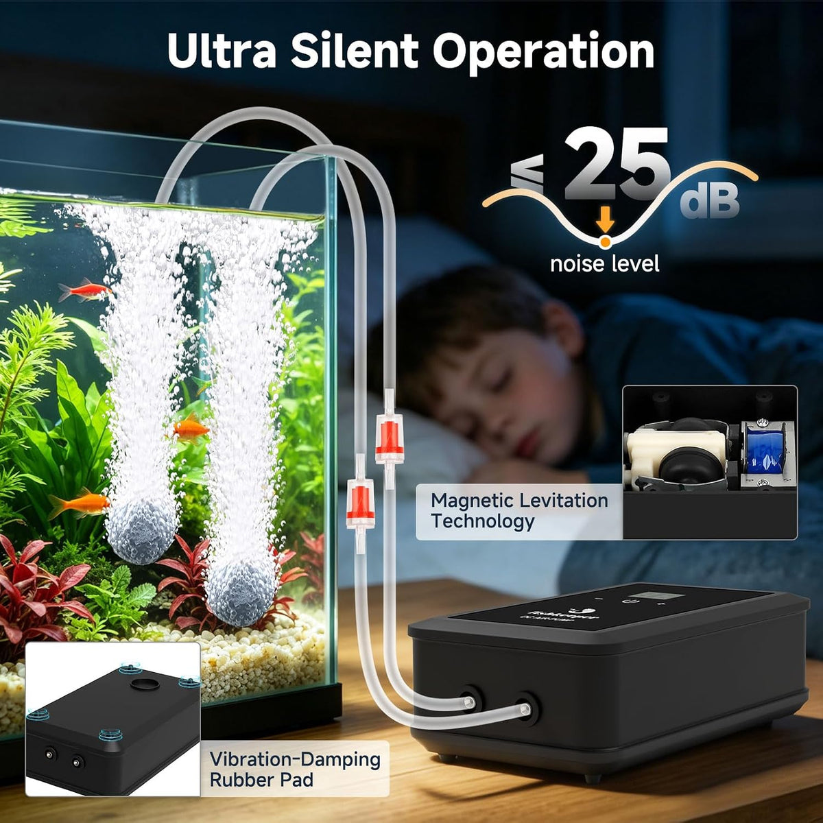 fishkeeper Aquarium Air Pump, Dual Outlet Oxygen Pump with 2 Air Stone