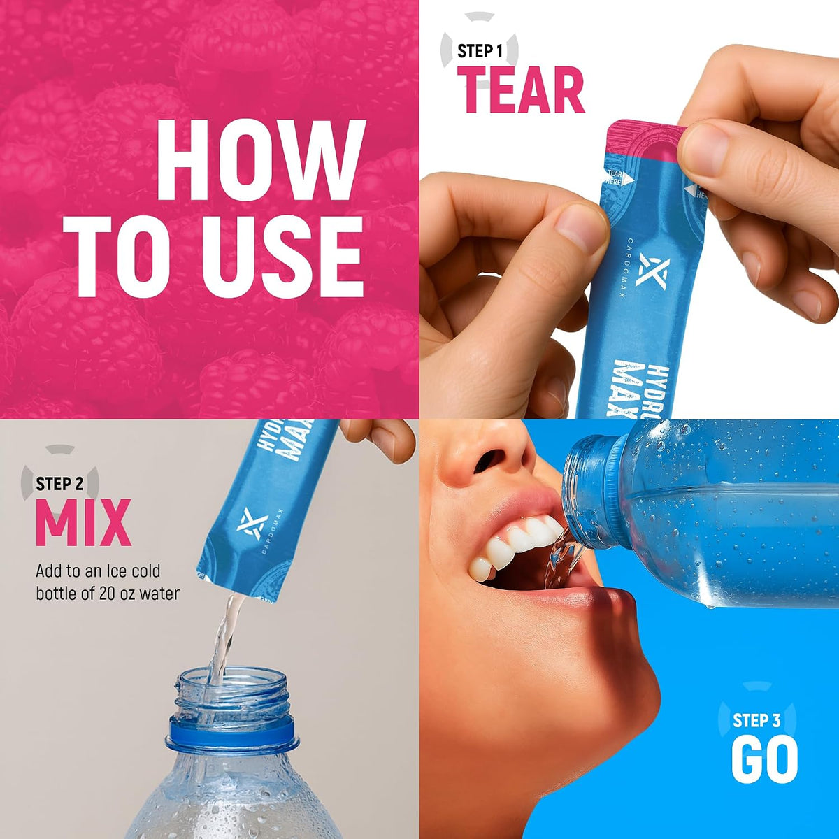 CardoMax Hydration Packets, Raspberry, 15 Liquid Hydration Sticks