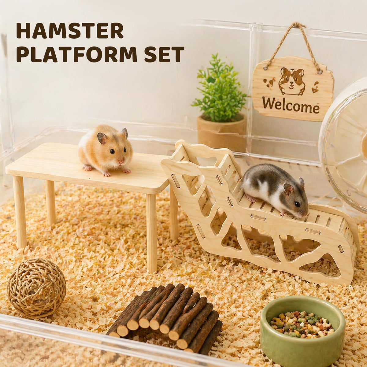 3 Pack Wooden Hamster Play Platform, 3-in-1 Natural Small Pet Playground