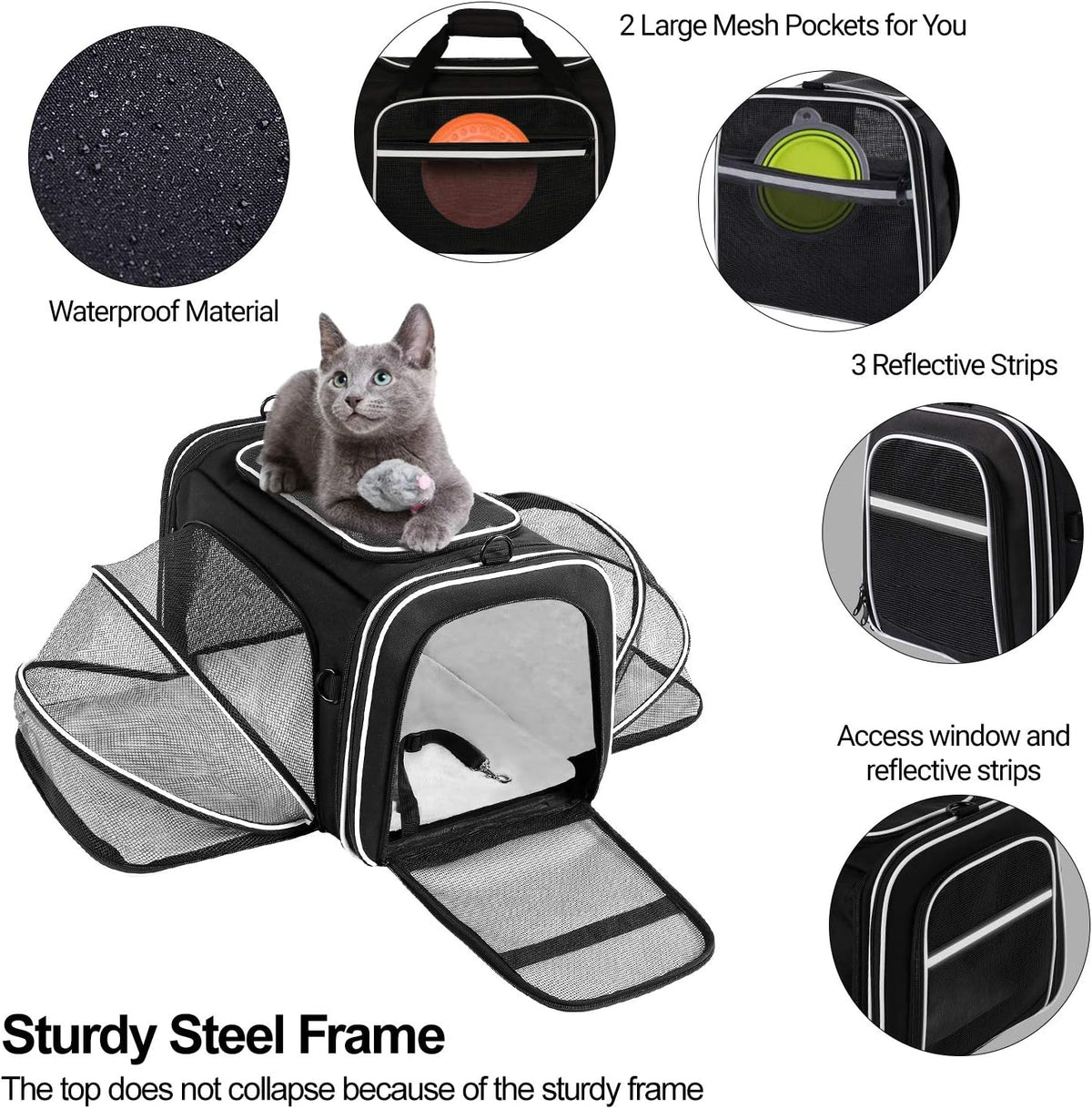 TSA Airline Approved Large Pet Travel Carrier,4 Sides Expandable with 2 Mesh Pockets,3 Entry, Soft Sided Collapsible Dog Carrier for 2 Cats,Kittens,Puppies,Dog, X-Large, Black & White