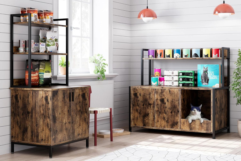 GarveeHome Litter Box Enclosure, Cat Litter Box Furniture with Removable Divider, Large Hidden Litter Box Furniture, Wooden Cat House, End Side Table, Rustic Brown