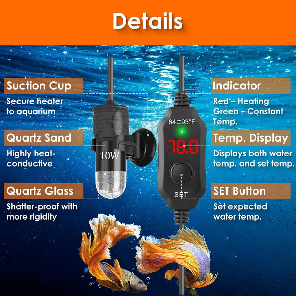 10W 5V/2A USB Super Mini Betta Heater LED Digital for up to 1 Gal Tanks