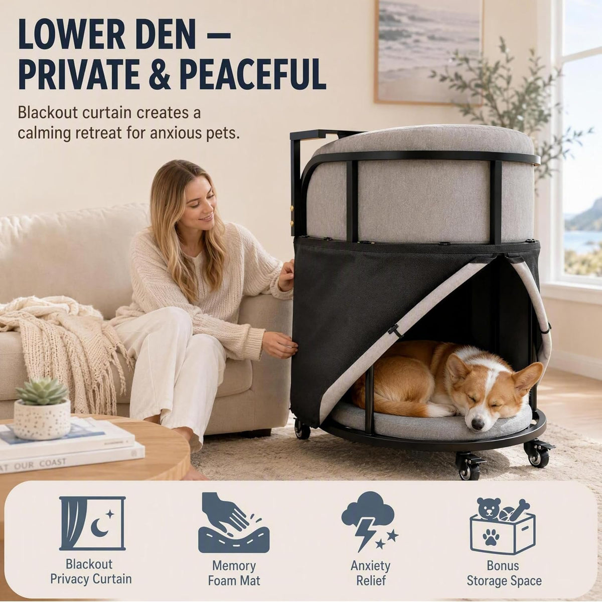 Dog Window Perch with Stairs – 6-in-1 Velvet Pet Sofa with Ramp, Detachable Feeding Tray, Privacy Blackout Curtain, 360° Locking Wheels & Memory Foam Cushion for Small Dogs and Cats.