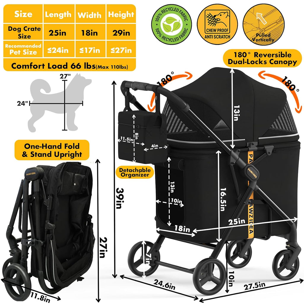 PAWZIDEA Pet Stroller for Medium to Large Dogs, One-Hand Foldable,Low-Entry