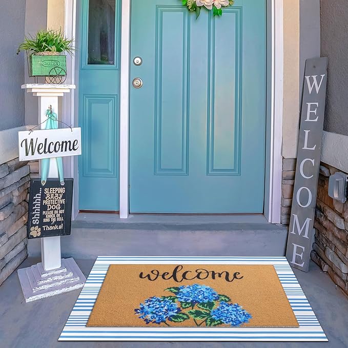 Tinideya 2 Pcs Hydrangea Door Mat Blue and White Stripe Welcome Non Slip Flower - Image 7