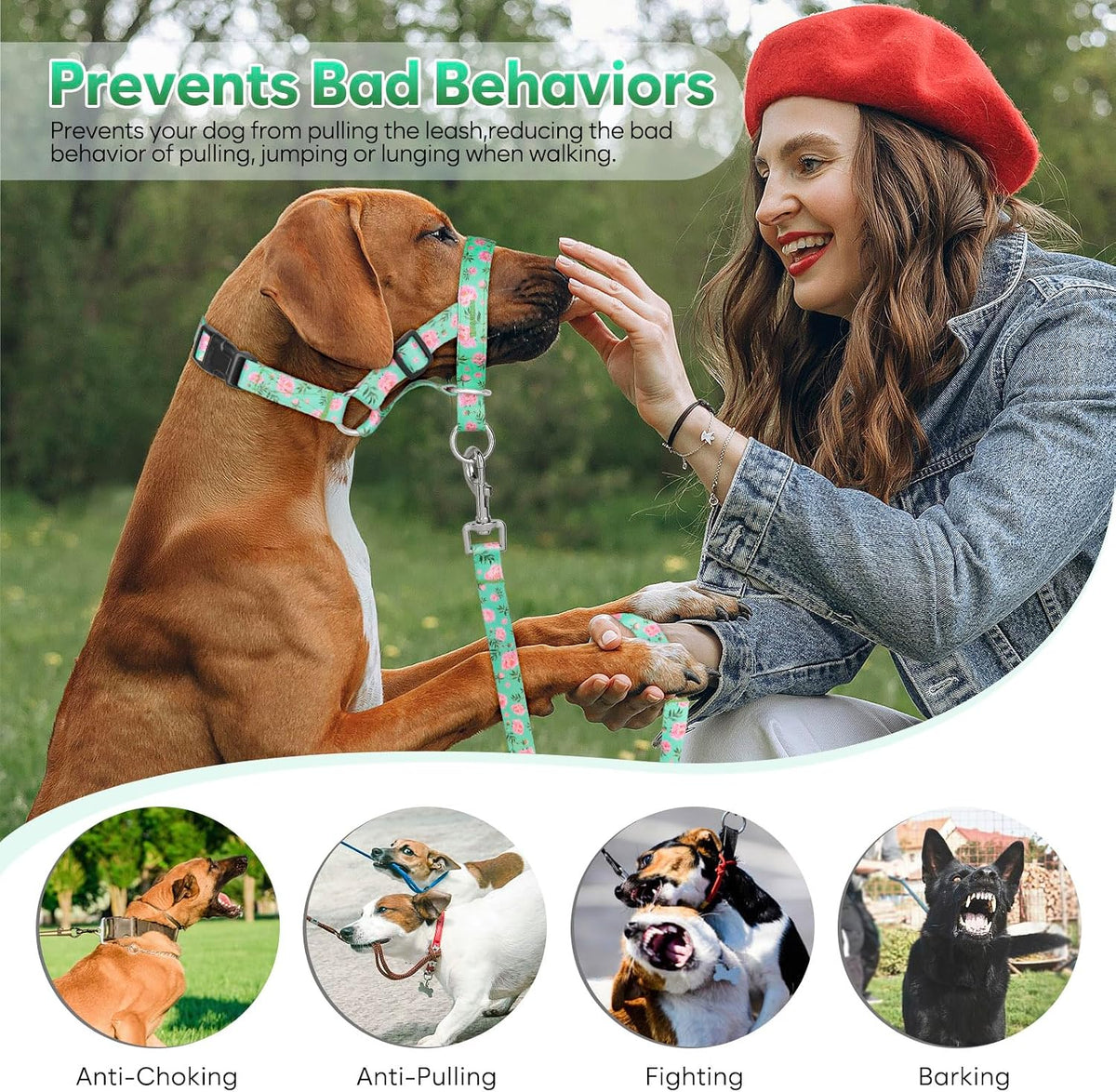 Dog Head Collar, Printed No-Pull Headcollar, Adjustable Dog Head Halter Gentle Lead with Safety Link, 3 Colors Muzzle Leash for Small Medium Large X-Large Dogs Easy Walks(XLarge, Peony)