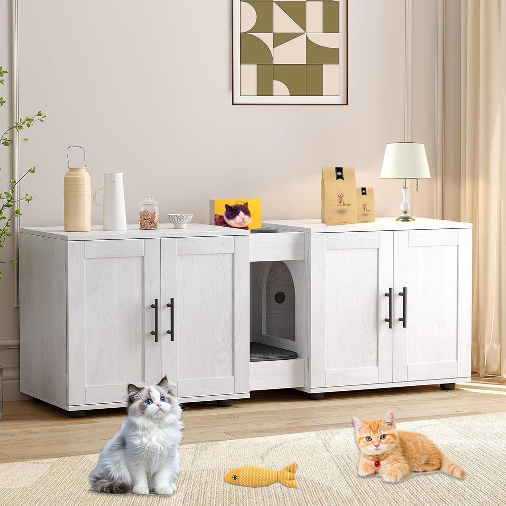 Cat Litter Box Enclosure, 55“ Large Hidden Litter Box Furniture with Double RoomsFarmhouse Wooden Cat Washroom for Bedroom Living Room, White
