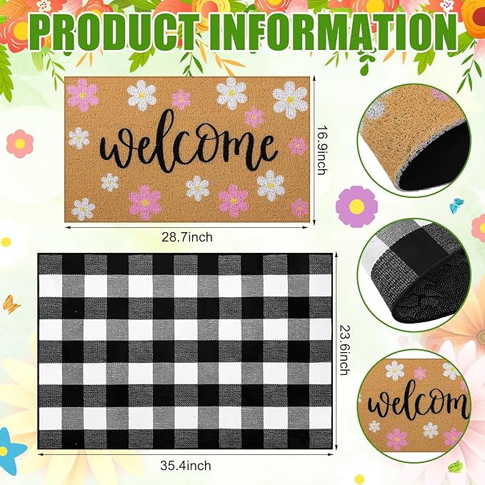 Tinideya 2 Pcs Spring Welcome Door Mat Outdoor Pink Flower Doormats - Image 2
