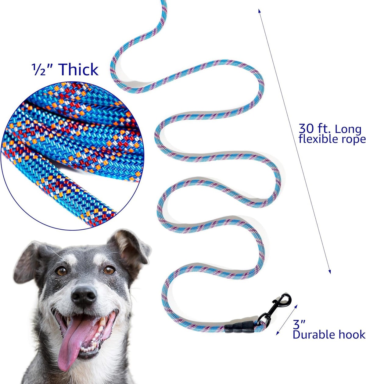 Pet Fit For Life Heavy Duty 30 Ft Bungee Tie Out Cable for Safe Outside Dog and Puppy Yard Play with Stretch Resistance and Dual Clasps - Pairs with PFFL Dog Anchor Stake for Small/Medium/Large Dogs