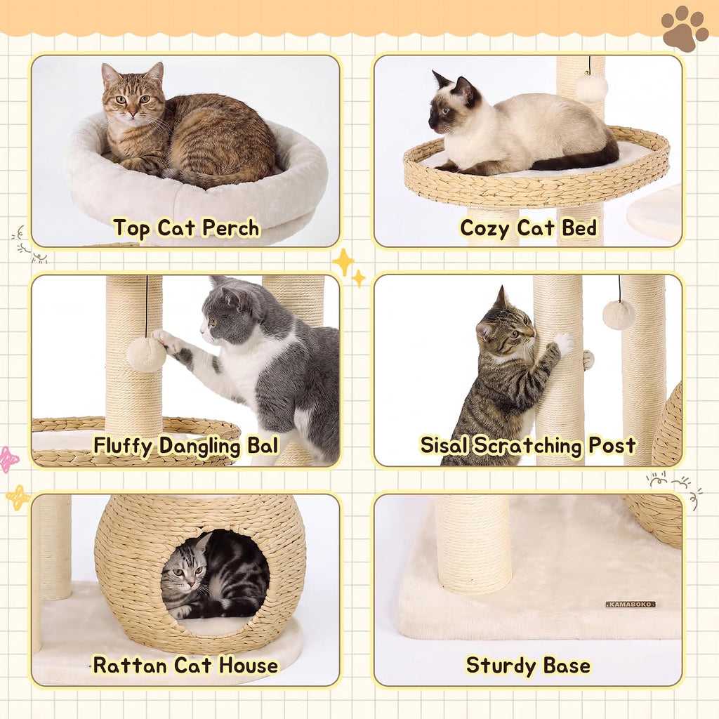 44.8in Modern Cat Tree, White Cat Condo Cats Tower with Cozy Bed & Sisal Scratching Posts, Scratching Ramp and Comfort Basket for Indoor Cats
