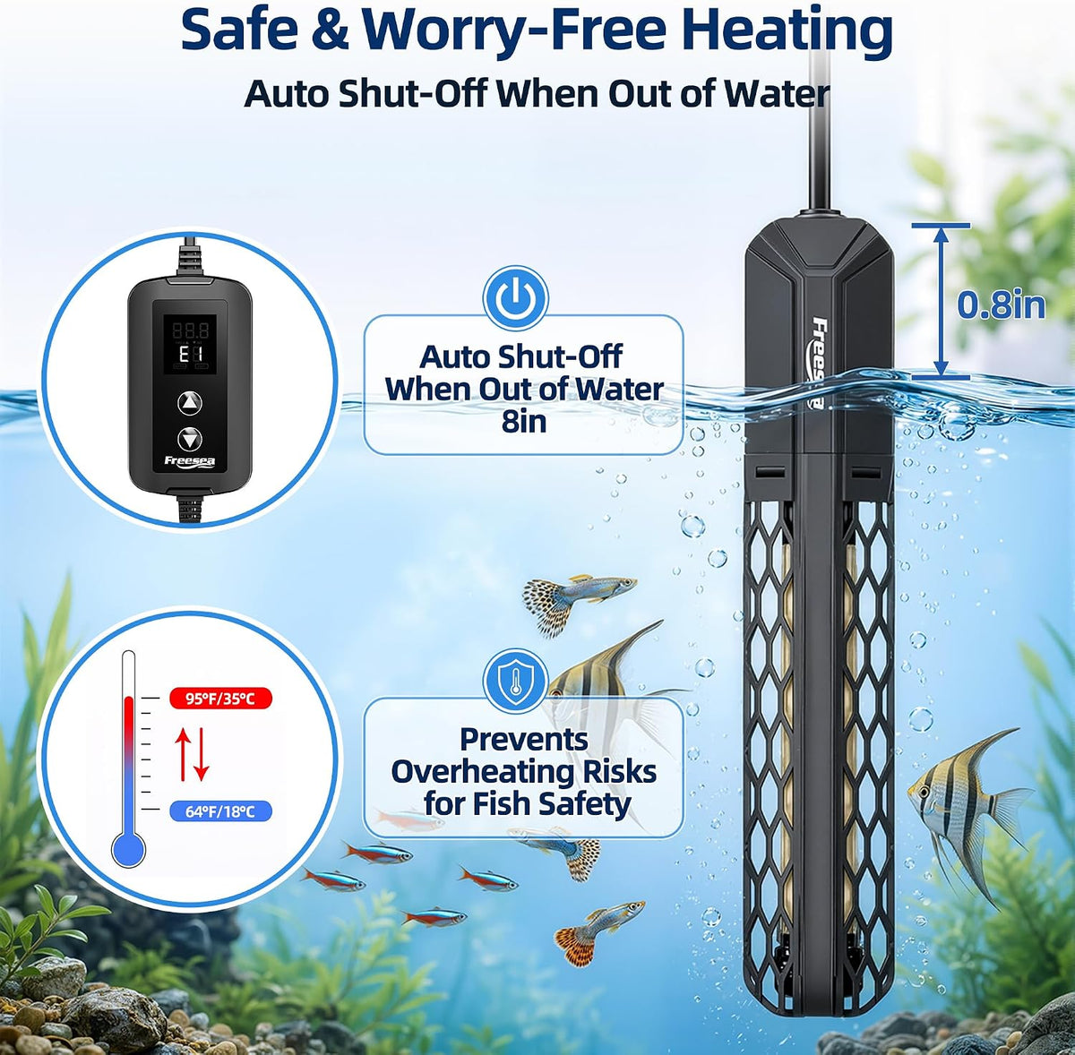 FREESEA Adjustable Aquarium Heater 20-50Gal: 200W 64-95°F Precise Control
