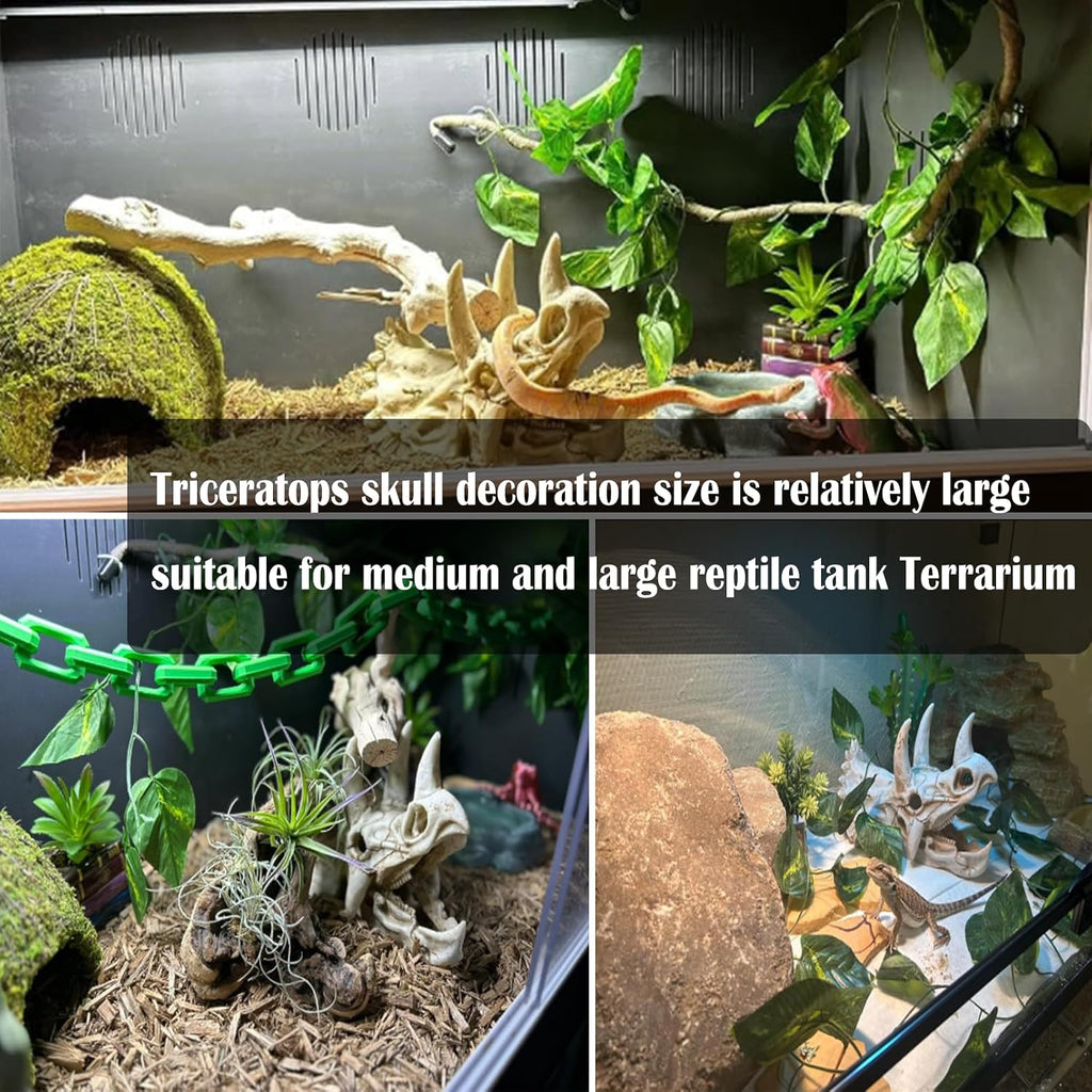 kathson Reptile Resin Dinosaur Skull Decoration Bearded Dragon Tank Triceratops Skeleton Accessories Vines Flexible Leaves Decor for Lizards Tortoises Snakes Frogs(3 PCS)