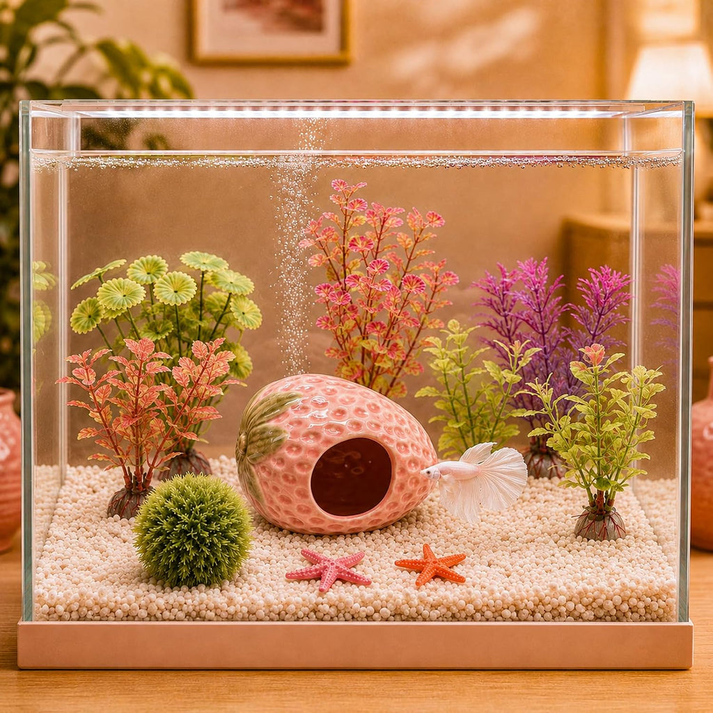 10PCS Aquarium Decorations, Ice Crackle Glaze Betta Fish Tank Decor Accessories, Ceramic Strawberry House Cave Hideout with Artificial Plants Grass Ball & Starfish for Goldfish Shrimp Cichlid (Pink)