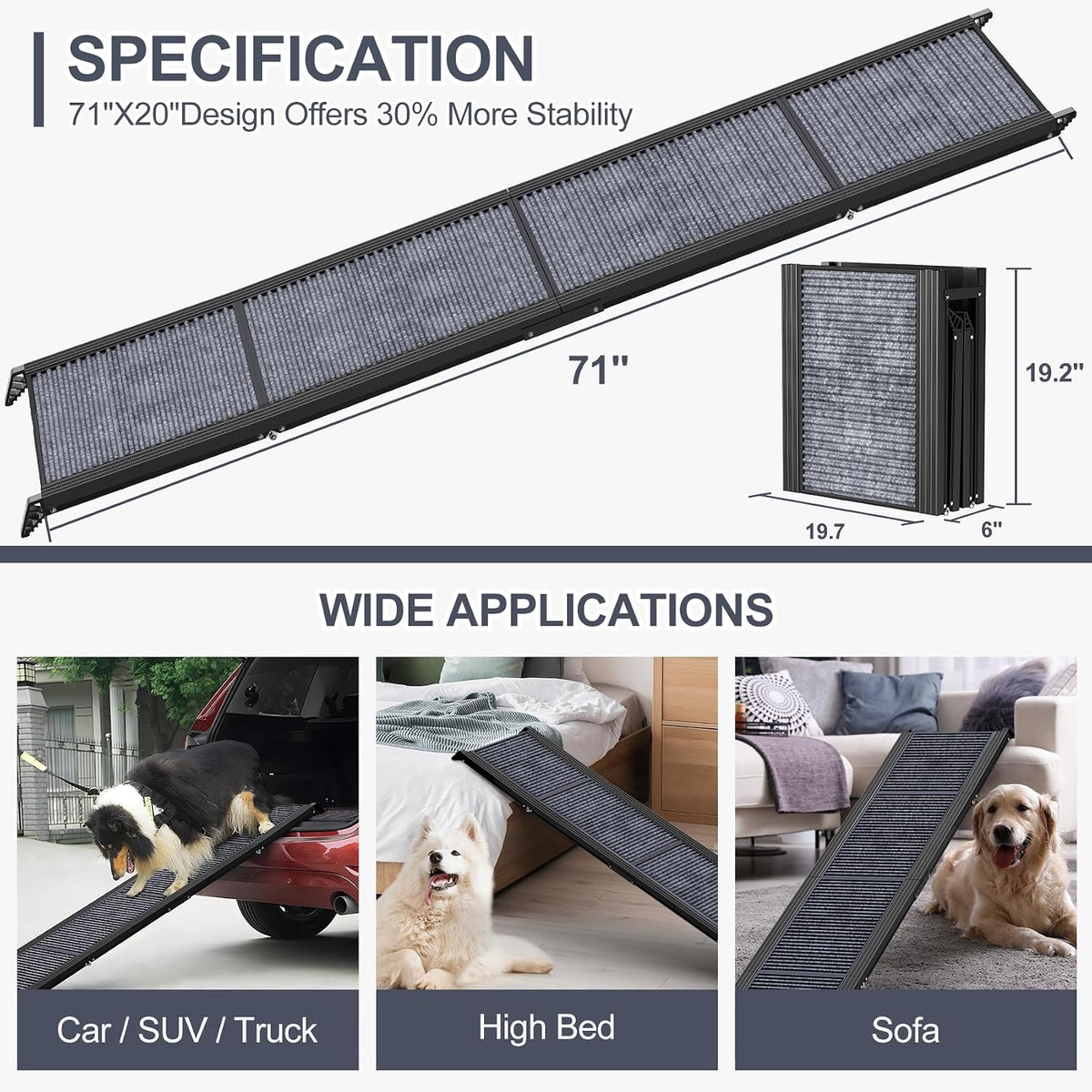 Dog Ramp for Car 71" L × 20" W, Extra-Long & Wide Foldable