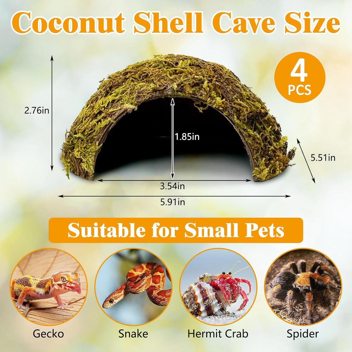 4 Pack Natural Green Moss Hermit Crab Hide Caves Coconut Reptile Hideouts