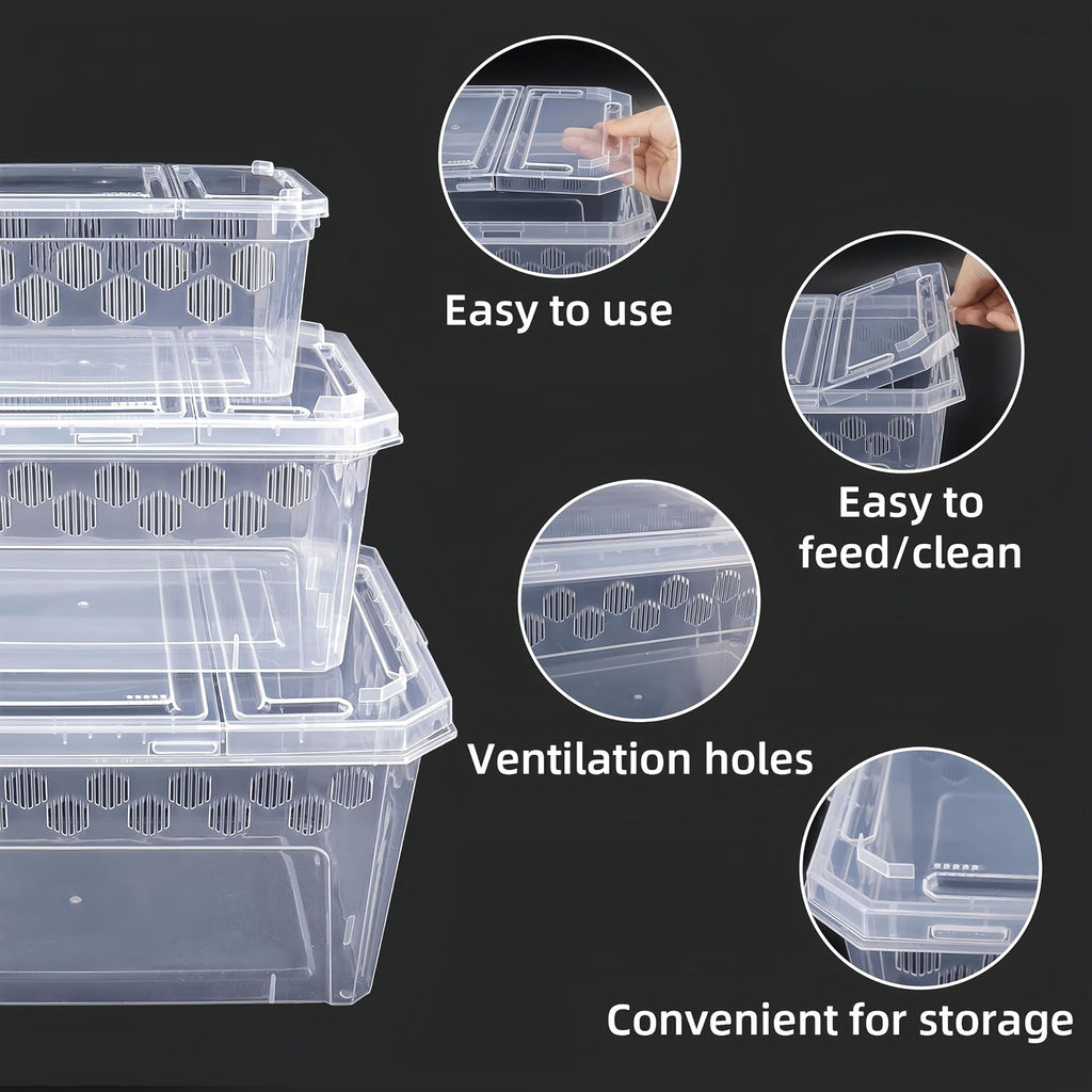 3Pcs Reptile Feeding Box Set, 3-Size Plastic Reptile Critter Keeper with Tags, for Isopods Snails Sling Geckos Frog Spiders Turtles Scorpion Serpents Tarantulas and Breeding Worms(Clear)