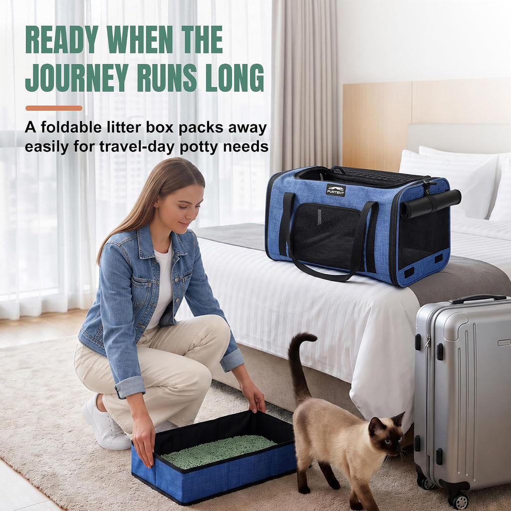 Soft-Sided Cat Carrier with Foldable Litter Box for Air Travel, Blue