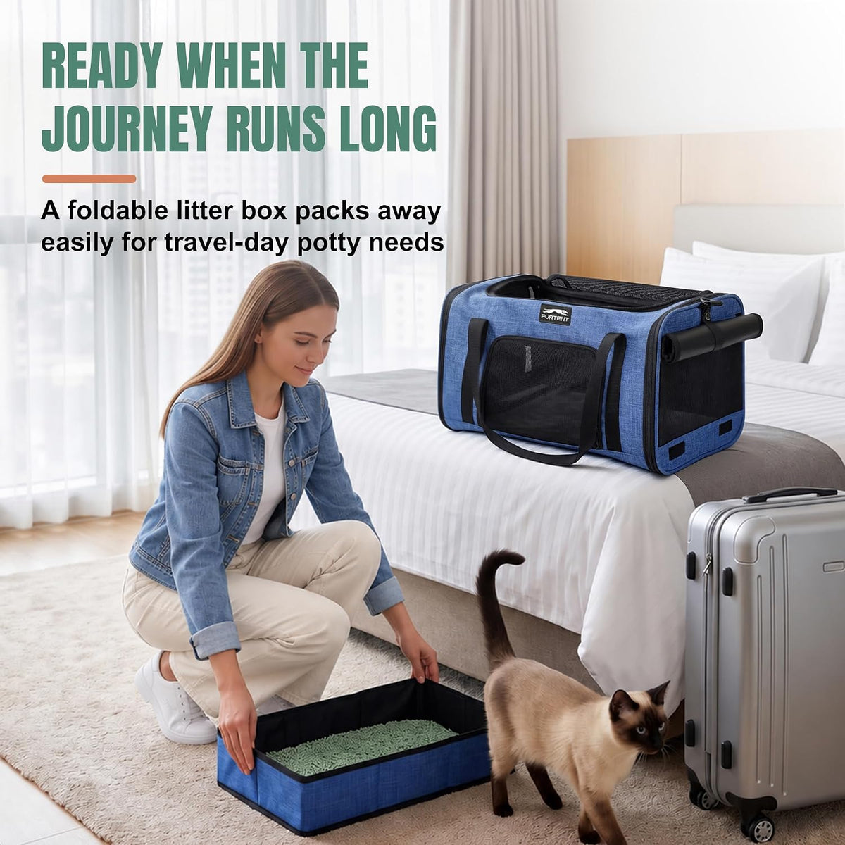 Soft-Sided Cat Carrier with Foldable Litter Box for Air Travel, Blue