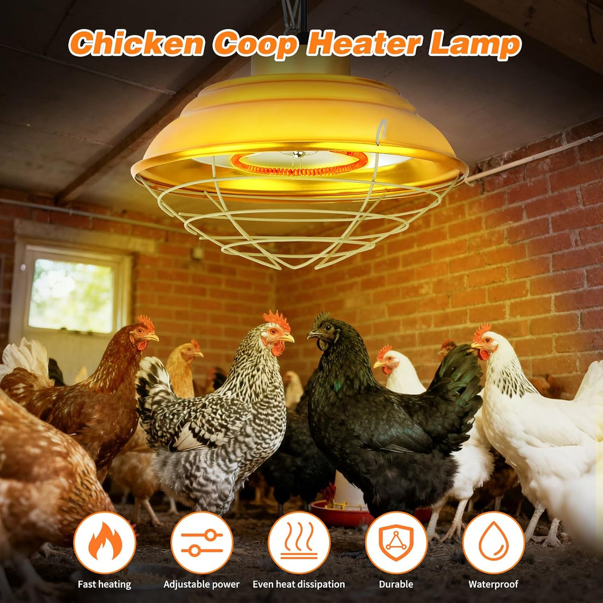 600W Chicken Coop Heat Lamp, 2-Stage Brooder Heater for Chicks