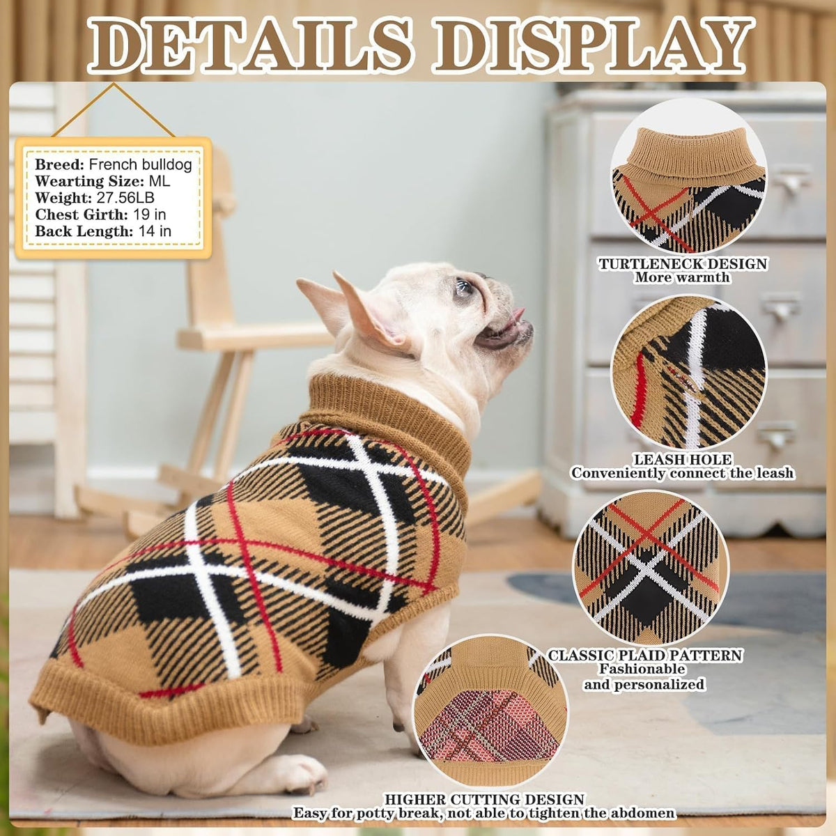 EXPAWLORER Fall Dog Sweater for Small Medium Large Dogs, Plaid Pet Clothes