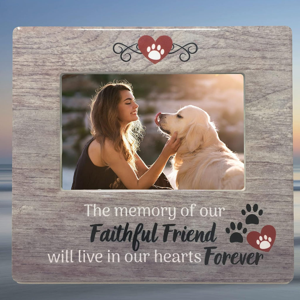 Dog Memorial Picture Frame for Loss of Pet – Pawprints & Hearts Pet Remembrance Frame - Sympathy Quote – “The Memory of Our Faithful Friend Will Live in Our Hearts Forever” – 4x6 Photo - 7.25 x 8 Inch