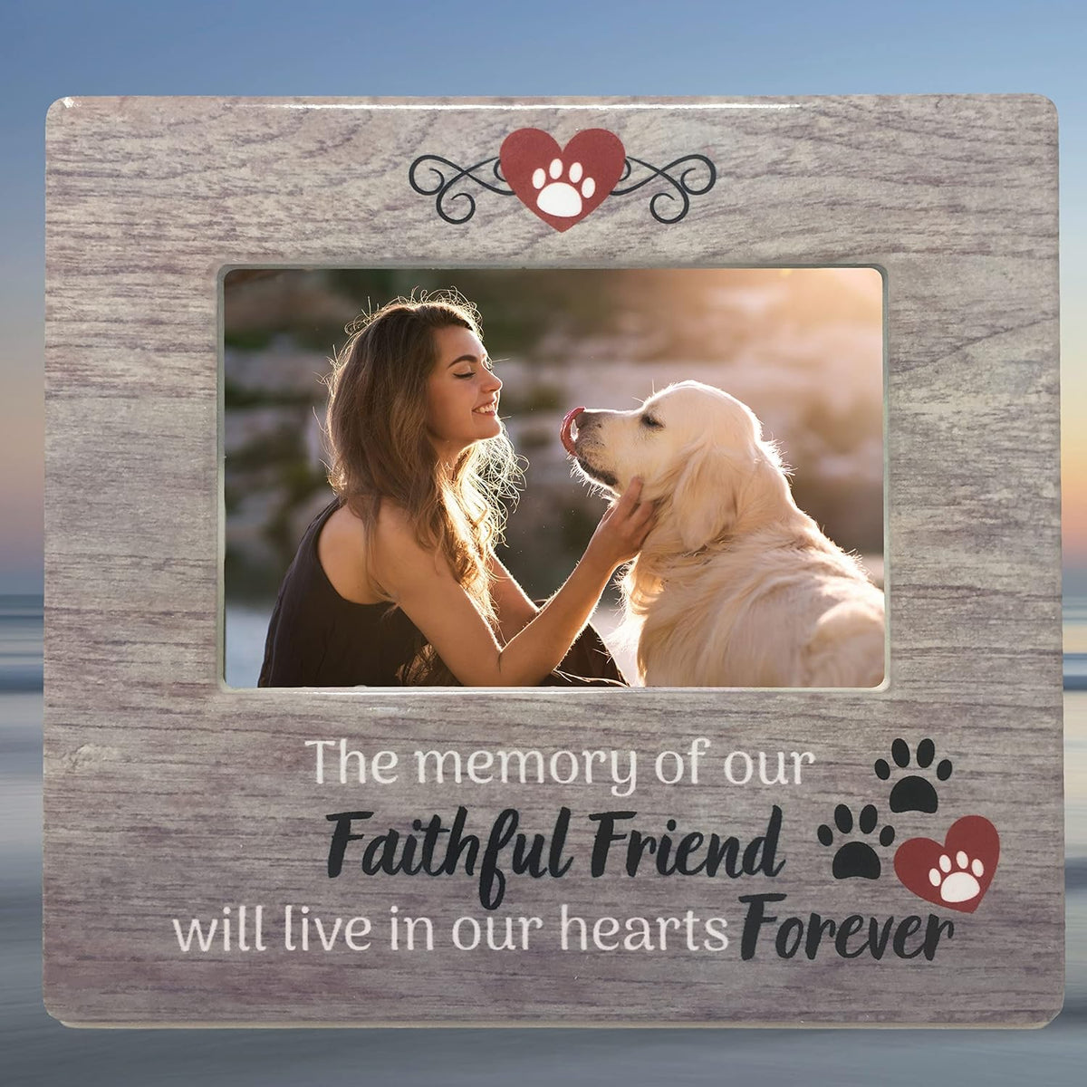 Dog Memorial Picture Frame for Loss of Pet – Pawprints & Hearts Pet Remembrance Frame - Sympathy Quote – “The Memory of Our Faithful Friend Will Live in Our Hearts Forever” – 4x6 Photo - 7.25 x 8 Inch