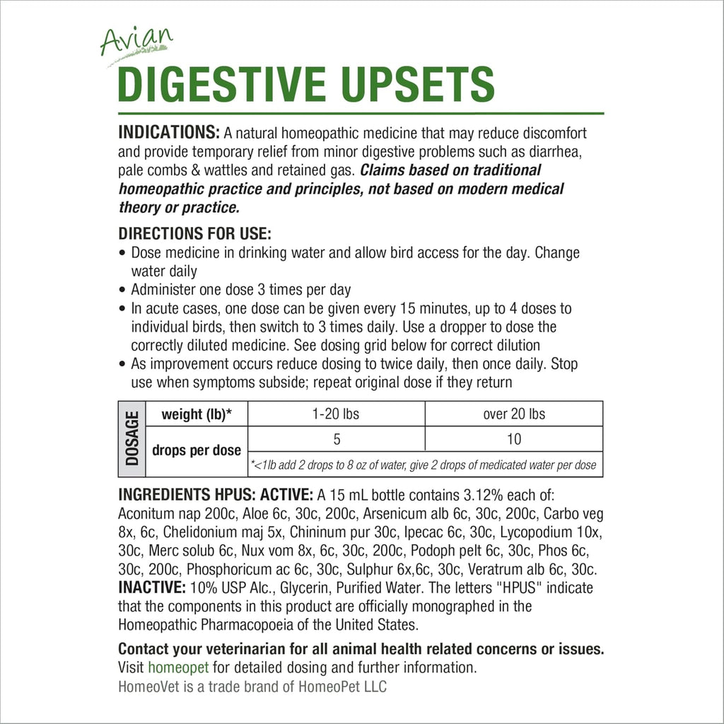 HomeoPet Avian Digestive Upsets, Supplement for Birds, 15 Milliliters