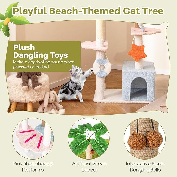 Tangkula 71 Inch Tall Cat Tree, 2 Cat Condos, Artificial Plant, Hanging Toys - Image 8