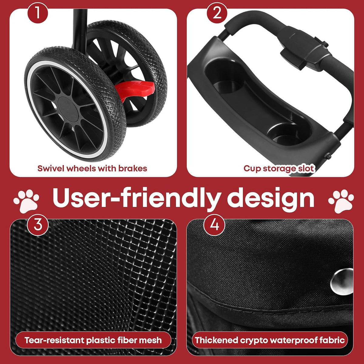 Pet Stroller,Dog Stroller for Small Medium Dogs Cats,3 Wheels,Red+Black