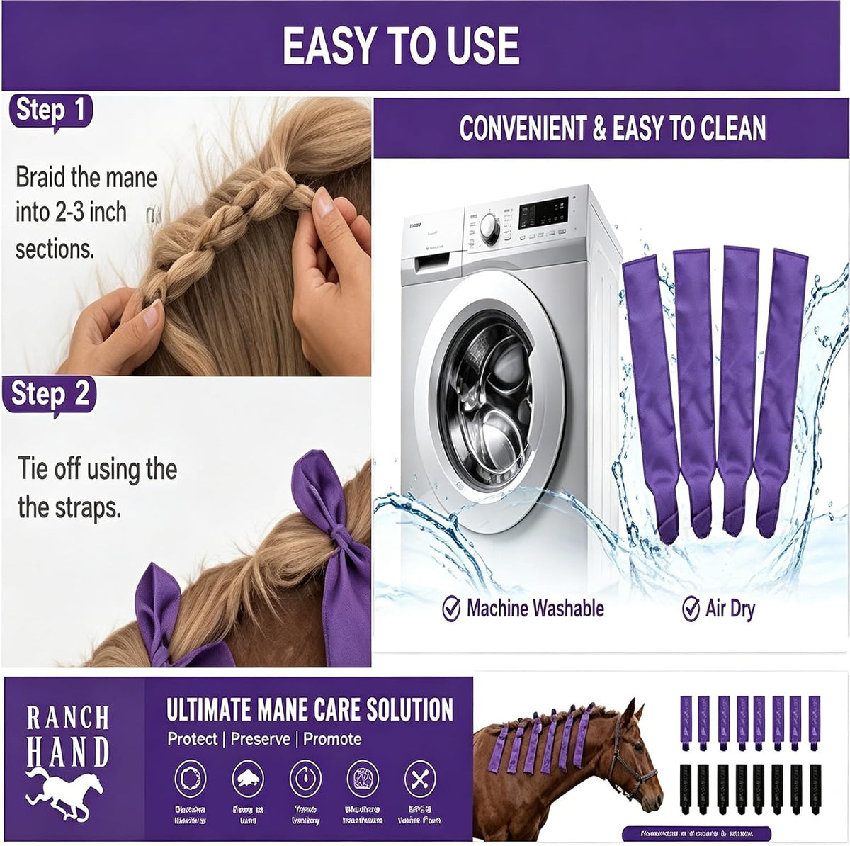 Horse Mane Bags for Horses - Protect Mane from Wind, Sun & Mud - Anti-Tangle & Anti-Breakage - Nylon Washable - Set of 8 (Purple & Black) (Purple)