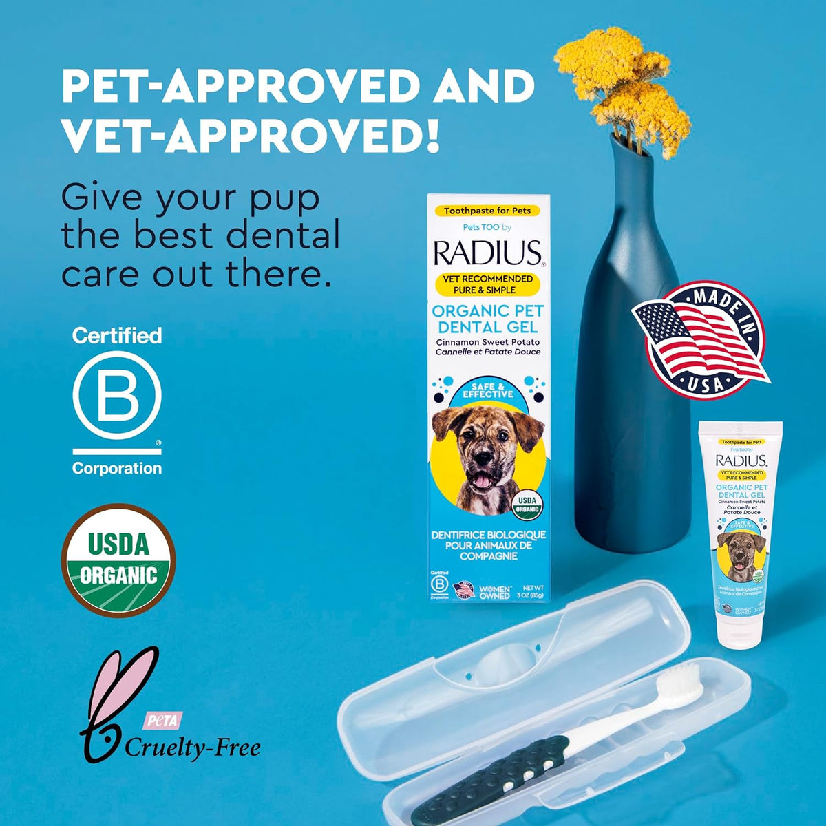 RADIUS Canine Oral Care Kit, Includes 1 Pet Toothbrush, 1 Critter Case, and 0.8 oz Canine Pet Toothpaste, Firm Bristle & Non Toxic Toothpaste for Dogs