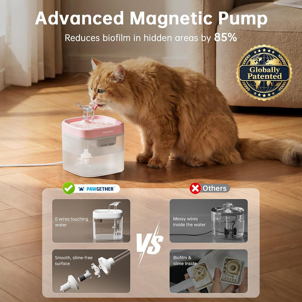 PAWGETHER® Cat Water Fountain with Magnetic Pump 51oz/1.5L Dog Water Fountain, Ultra Quiet Automatic Pet Water Fountain Portable Indoor Outdoor Travel Small Dog Water Dispenser with Adapter Pink
