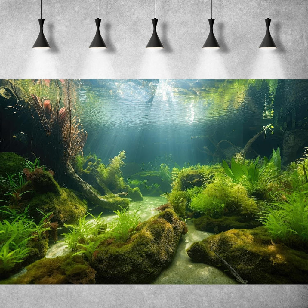 Underwater Aquarium Background Underwater Aquatic Plants with Sunbeams Fish Tank Background Rock with Lush Moss Terrarium Background Aquarium Backdrop For Tank Decorations Poster Vinyl 72x24in