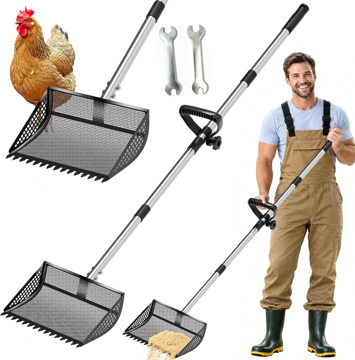 Chicken Poop Scooper Rake 2-in-1,304 Stainless Steel Shovel Head, Chicken Litter Scoop with Handle for Chicken Coop for Sand, Pet Waste Cleaning, Litter Sifting Shovel (35 to 65") (Blue, 10inch)