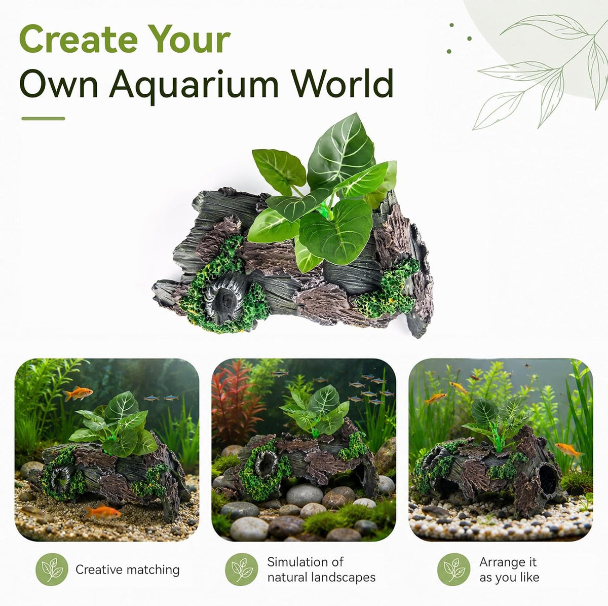 9.25" Large Aquarium Decor Hideout Cave Resin Hollow Tree Trunk with Plant