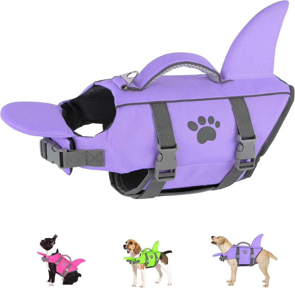 Dogcheer Dog Life Shark Jacket with Chin Float, Dog Swim Vest, Purple-L