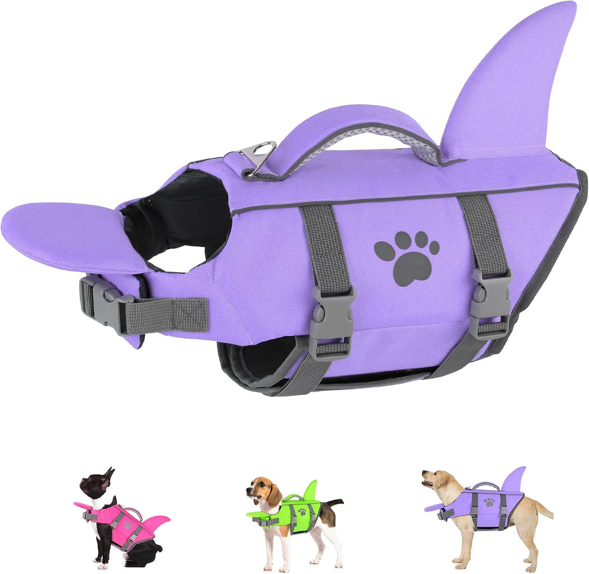 Dogcheer Dog Life Shark Jacket with Chin Float, Dog Swim Vest, Purple-L
