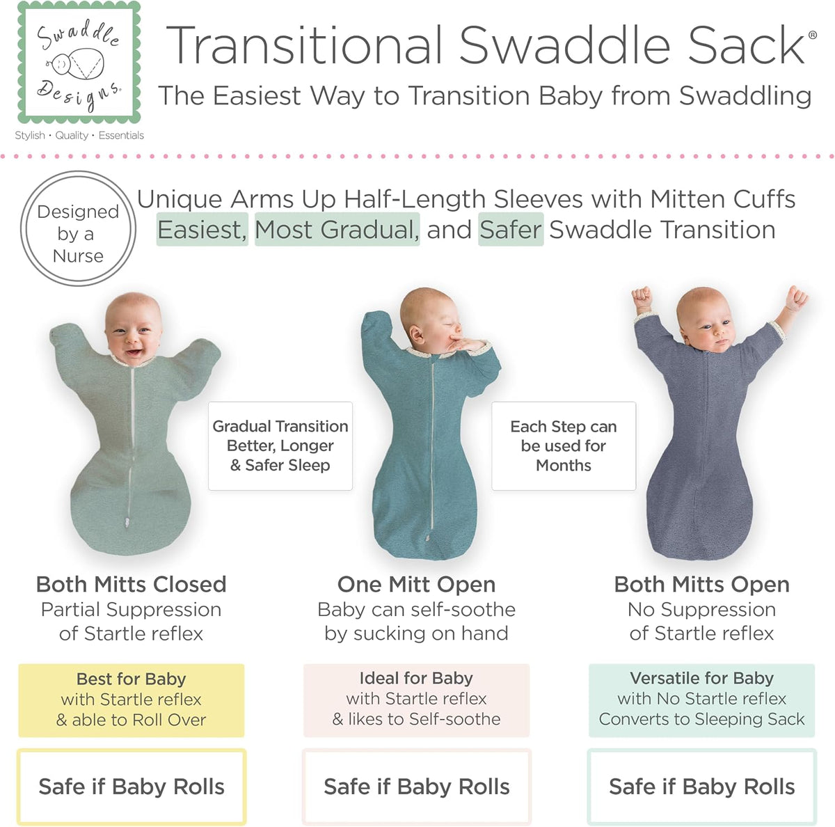 SwaddleDesigns Transitional Swaddle Sack, Cotton, Heathered Denim, 0-3mo