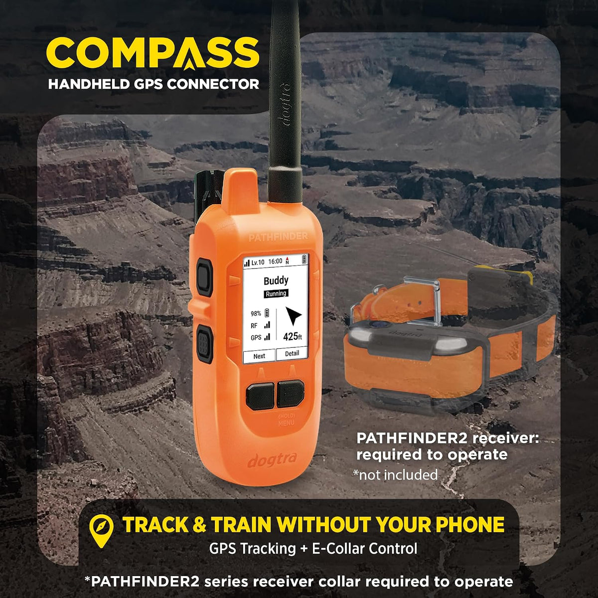 Dogtra PATHFINDER2 Compass Handheld Only - Live GPS Dog Tracking & Training E-Collar Remote (Requires Receiver), Built-in 2" LCD, No Subscription Required, 4 or 9-Mile Range, Expandable to 21 Dogs