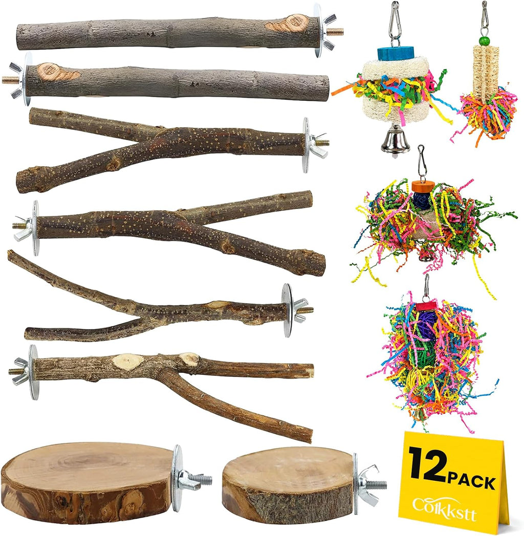 12 Pcs Natural Bird Perches and Shreddable Parakeet Toys, Essential Parrot Cage Accessories with 8 Wood Standsand 4 Shreddable Parakeet Toys, Foraging Shredder and Bird Accessories for Cages