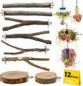 12 Pcs Natural Bird Perches and Shreddable Parakeet Toys, Essential Parrot Cage Accessories with 8 Wood Standsand 4 Shreddable Parakeet Toys, Foraging Shredder and Bird Accessories for Cages