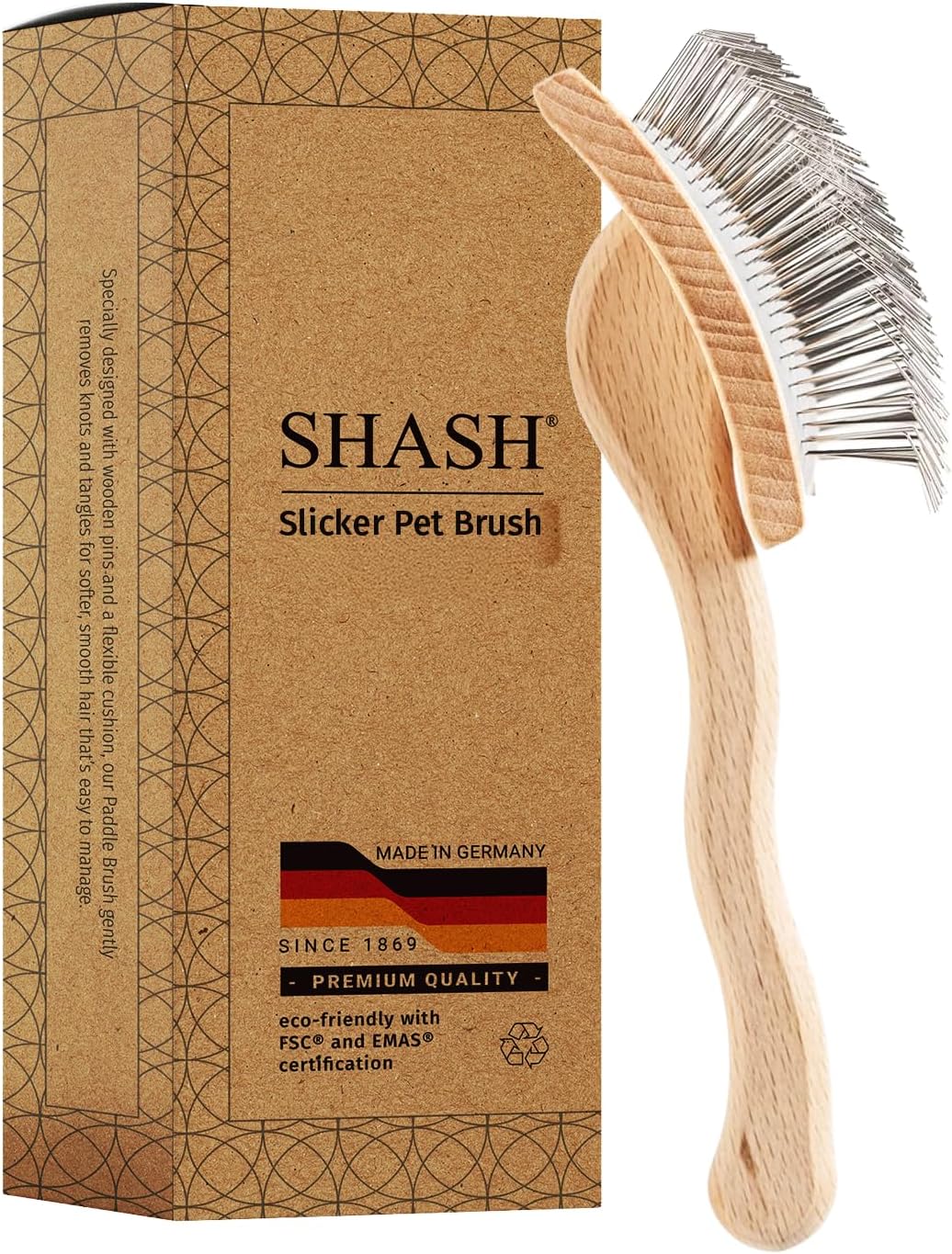 SHASH Since 1869 Hand Made in Germany Slicker Pet Brush with Curved Metal Pins and Rubber Cushion - Helps Detangle Knots, Eliminate Frizz, Reduce Pulling & Snagging