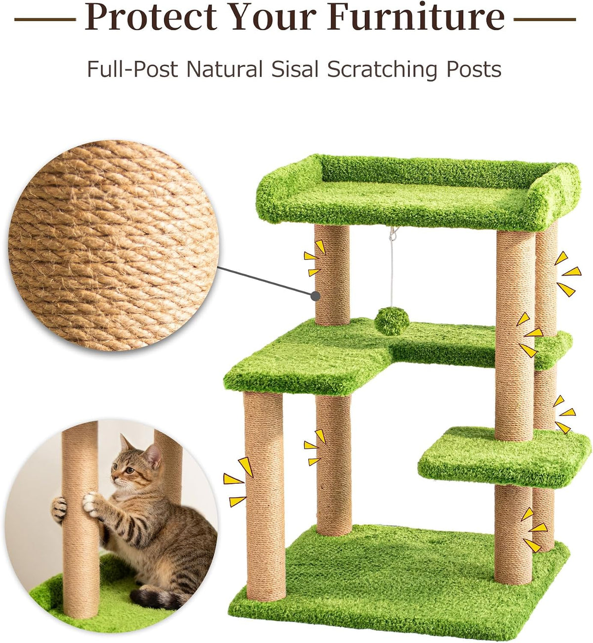 Cat Tree for Indoor Large Cat, 30'' Senior Friendly Modern Small Cat Tower with Wide Perch, Low Step, Cotton Scratching Posts, Sturdy Base, Cozy Perches, Interactive Toys(Green Pile Fabric)
