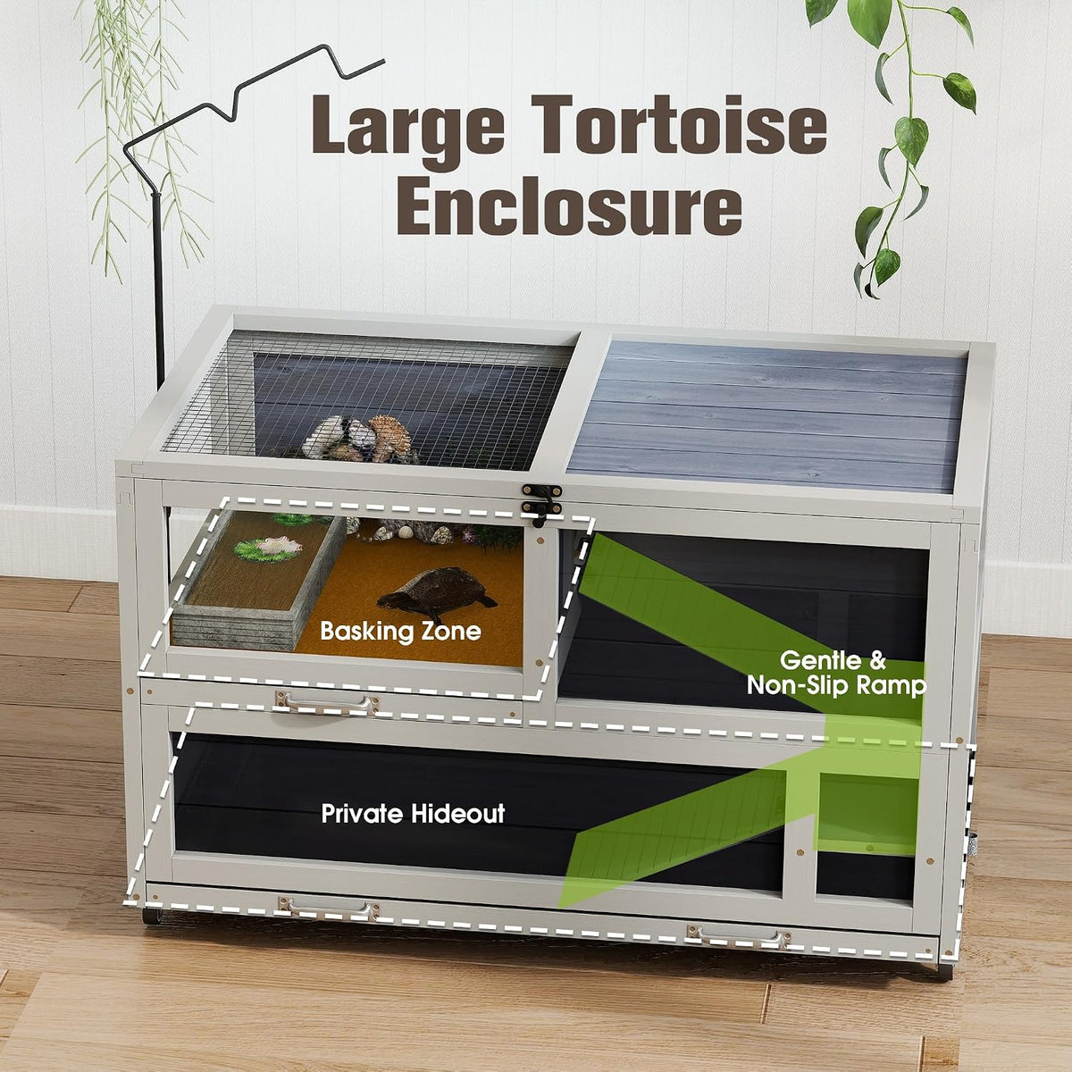 2-Tier Tortoise Habitat, Large Rolling Tortoise Enclosure House, Grey