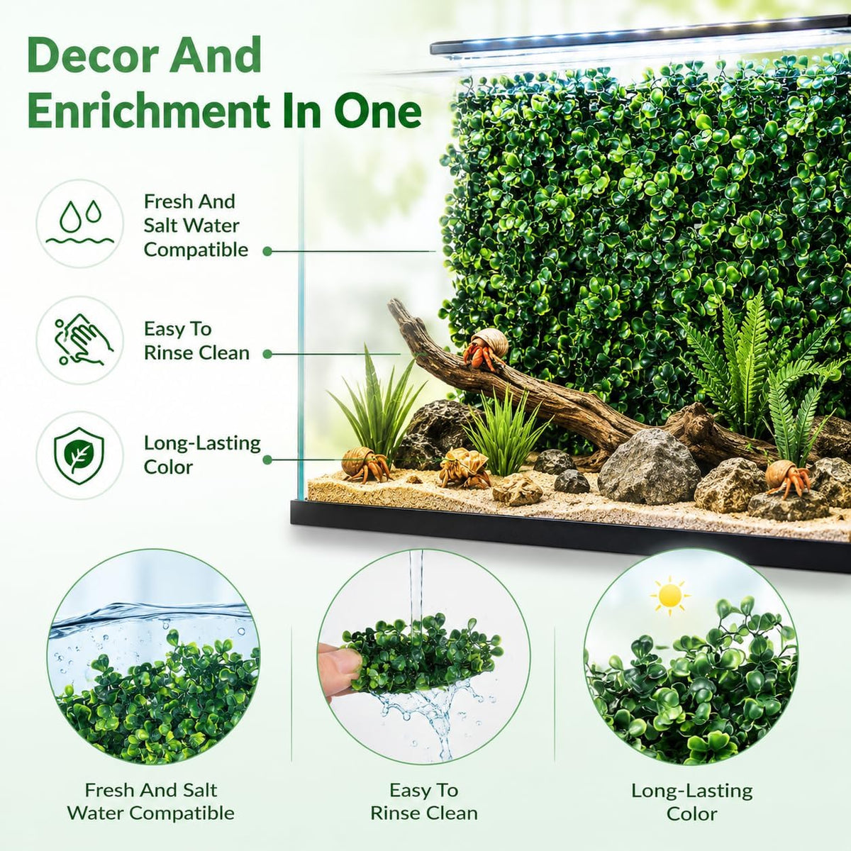 OMISTAR 3PCS Hermit Crab Climbing Wall Toys, 9.84 × 9.84 in Faux Grass Mat Aquarium Decor with Suction Cups, Plastic Reptile Climbing & Hide Plants for Gecko Lizard Turtle Betta