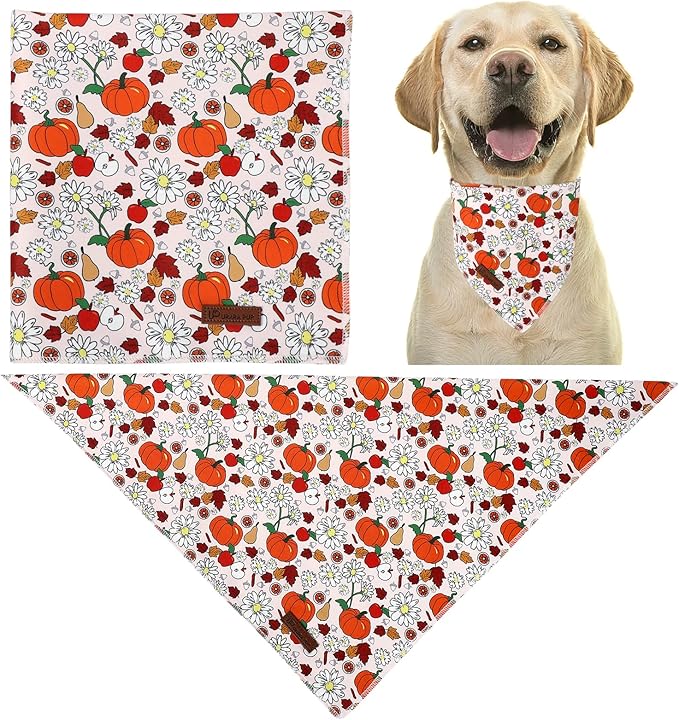 Fall Dog Bandana – Beige Pumpkin Floral Triangle Scarf - Image 4