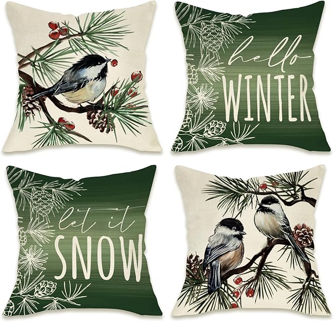 Fahrendom Hello Winter Green Decorative Throw Pillow Covers 18 x 18 Set of 4 by Fahrendom